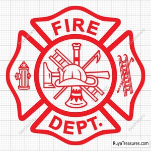 Puede incluir: Emblema de la cruz de Malta roja de bombero con las palabras "FIRE DEPT." y un círculo central que contiene un casco, un hacha, una escalera y otras herramientas. Una boca de incendios está a la izquierda y una escalera a la derecha.
