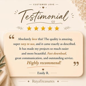 May include: A customer testimonial graphic featuring the text 'Testimonial' and five gold stars above a beige rectangular box. The box contains a positive review about product quality and service, signed by Emily R., with the brand name RuyaTreasures.