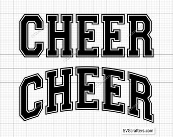 Puede incluir: Dos imágenes en blanco y negro de la palabra "CHEER" en una fuente en negrita y en bloque. La imagen superior es recta, mientras que la imagen inferior es arqueada.