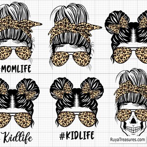 Peut inclure: Illustration num&eacute;rique de six visages f&eacute;minins stylis&eacute;s avec des cheveux noirs, des lunettes de soleil &agrave; imprim&eacute; l&eacute;opard et des bandeaux ou des n&oelig;uds. Le texte comprend "#MOM LIFE" et "#KID LIFE". L'adresse du site Web "RuyaTreasures.com" est &eacute;galement visible.
