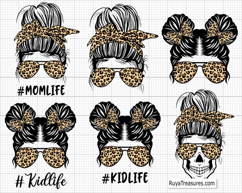 Peut inclure: Illustration num&eacute;rique de six visages f&eacute;minins stylis&eacute;s avec des cheveux noirs, des lunettes de soleil &agrave; imprim&eacute; l&eacute;opard et des bandeaux ou des n&oelig;uds. Le texte comprend "#MOM LIFE" et "#KID LIFE". L'adresse du site Web "RuyaTreasures.com" est &eacute;galement visible.