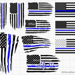 May include: A set of ten digital cut files featuring distressed American flag designs with a thin blue line. The designs include a variety of sizes and orientations, including a design with the word "wife" and a heart.