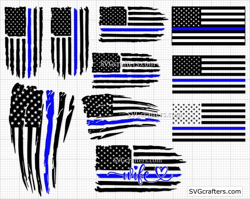 May include: A set of ten digital cut files featuring distressed American flag designs with a thin blue line. The designs include a variety of sizes and orientations, including a design with the word "wife" and a heart.
