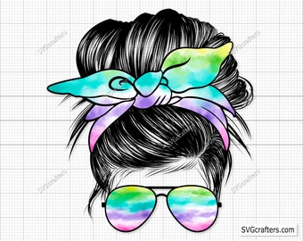 Messy Bun Hair png , Rainbow Mom Bun Hair Sunglasses Headband Mom Life, png jpg files for cricut, Png Jpg file