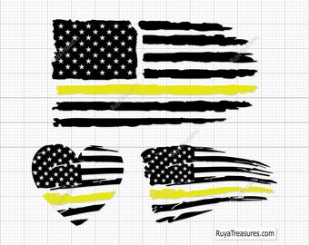 May include: Three distressed American flag designs with a thin yellow stripe across the middle. The flags are in a heart shape, a horizontal rectangle, and a diagonal rectangle.
