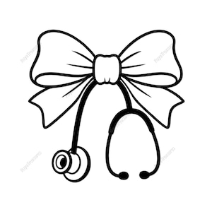 Pode incluir: Ilustração a preto e branco de um laço com um estetoscópio. O laço é grande e detalhado, com múltiplos laços e dobras. O estetoscópio pende por baixo do laço, com os auriculares e o diafragma claramente visíveis.