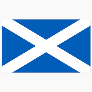 May include: The national flag of Scotland, featuring a white saltire, which is a diagonal cross, centered on a rectangular blue field. The white cross extends from each corner of the flag to the opposite corner, creating four blue triangles.