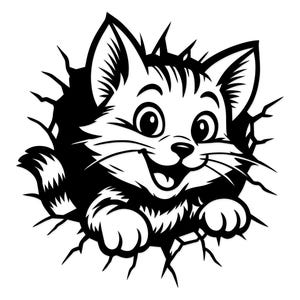 May include: A monochrome illustration of a cartoon cat breaking through a wall. The cat is smiling with its mouth open, showing whiskers and large eyes. The cat's paws are visible, and the wall is cracked around the cat.