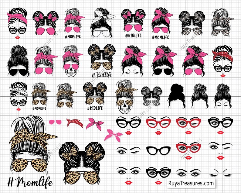 Peut inclure: Graphique num&eacute;rique avec diverses illustrations de coiffures f&eacute;minines, de lunettes de soleil et de traits du visage. Les motifs comprennent des chignons, des bandeaux et des lunettes de soleil avec des imprim&eacute;s l&eacute;opard et des couleurs unies. Le texte comprend "#Momlife" et "#Kidlife".