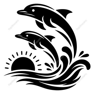 May include: Black and white illustration of two dolphins leaping out of the ocean, with a sun setting in the background. The dolphins are stylized with smooth, curved lines, and the waves are depicted with flowing shapes.