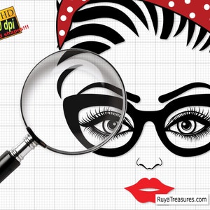 Peut inclure: Illustration en noir et blanc d'un visage de femme avec une loupe. La femme porte des lunettes noires et un bandeau &agrave; pois rouges. L'image comprend le texte "Full HD 350 dpi solid shapes!!!" et l'adresse du site Web "RuyaTreasures.com".