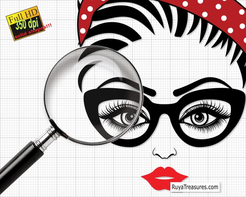 Peut inclure: Illustration en noir et blanc d'un visage de femme avec une loupe. La femme porte des lunettes noires et un bandeau &agrave; pois rouges. L'image comprend le texte "Full HD 350 dpi solid shapes!!!" et l'adresse du site Web "RuyaTreasures.com".