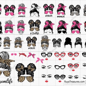 Messy Bun Svg, Messy Bun avec des lunettes, Momlife Svg, maman tête de mort Svg, Messy Bun chic afro femme Svg imprimable, Cricut & Silhouette fichier image 1