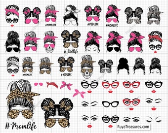 Messy Bun Svg, Messy Bun with Glasses Svg, Momlife Svg, Mom Skull Svg, Messy Bun Classy Afro Woman Svg - Printable, Cricut & Silhouette File