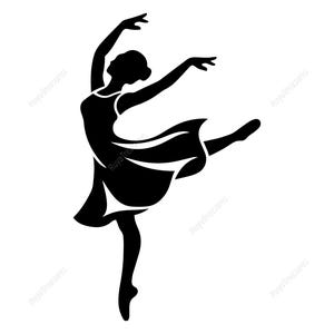 May include: A black silhouette of a ballerina in a graceful pose, with one leg extended and arms raised. The dancer is wearing a dress with a flowing skirt. The image is set against a white background.