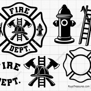 Peut inclure: Ensemble de graphiques noirs et blancs sur le thème des pompiers. Comprend un emblème de croix de Malte avec des haches, un casque et une échelle, ainsi qu'une borne-fontaine et une échelle. Le texte "FIRE DEPT." est également présent.