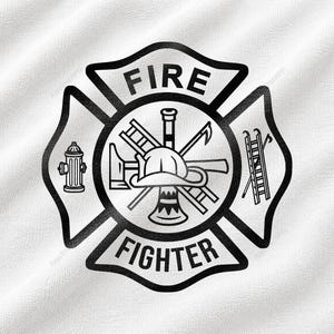 May include: A black and white graphic design featuring a Maltese cross emblem with the text FIRE FIGHTER. The centre includes a fire helmet, ladder, axe, and nozzle. A fire hydrant is on the left and a ladder is on the right, all on a white fabric.