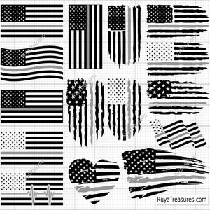 May include: A set of 11 digital cut files featuring various designs of the American flag in black and white with a thin blue line. The designs include a traditional flag, a heart, a wavy flag, and several distressed flags.