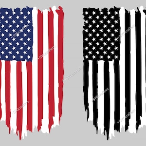May include: Two distressed American flag designs, one in red, white, and blue, and the other in black and white.