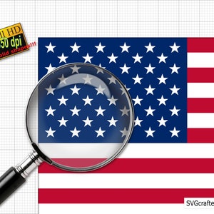 May include: A digital graphic of the United States flag featuring white stars on a blue field and red and white stripes, viewed through a magnifying glass. A yellow label reads Full HD 350 dpi solid shapes and the text SVGCrafters.com is visible.
