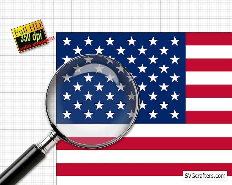 May include: A digital graphic of the United States flag featuring white stars on a blue field and red and white stripes, viewed through a magnifying glass. A yellow label reads Full HD 350 dpi solid shapes and the text SVGCrafters.com is visible.