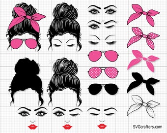 Messy Bun bundle svg, Messy Hair svg,  Don't Care svg, Mom Bun with Sunglasses  svg, Mom Life Svg - Printable, Cricut & Silhouette file