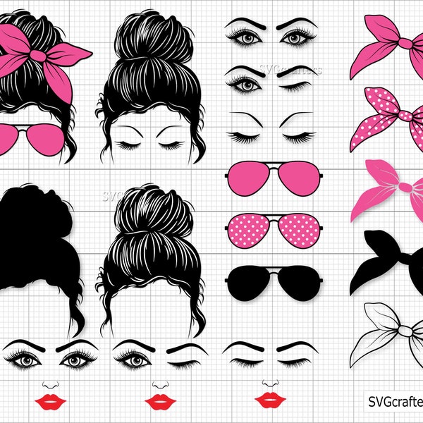 Messy Bun bundle svg, Messy Hair svg,  Don't Care svg, Mom Bun with Sunglasses  svg, Mom Life Svg - Printable, Cricut & Silhouette file