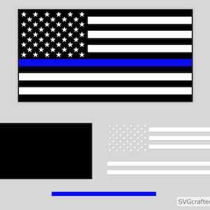May include: A black and white American flag with a thin blue line running horizontally across the middle. The flag is on a gray background. The text "SVGcrafters.com" is in the bottom right corner.