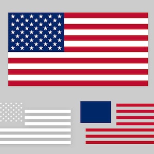 May include: The flag of the United States of America featuring a blue canton with fifty white stars and thirteen horizontal red and white stripes. Below are two simplified versions: one in white outlines and one with a solid blue rectangle and red stripes.
