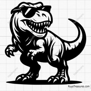 Może przedstawiać: Czarno-biała ilustracja Tyrannosaurusa Rexa w okularach przeciwsłonecznych. Dinozaur ma szczerzący się uśmiech i zakrzywiony ogon. Obraz jest projektem graficznym, odpowiednim do odzieży lub dekoracji.