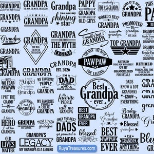 May include: A collection of black and white graphic designs with text related to grandfathers. The designs include phrases like "Best Grandpa Ever," "Great Grandpa," and "The Man, The Myth, The Legend." The background is a light blue color.