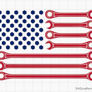 May include: An American flag design made with wrenches. The flag is red, white, and blue. The stars are blue and the stripes are red. The wrenches are red.