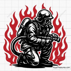 May include: Black and white illustration of a firefighter kneeling, holding a hose, and wearing a helmet and oxygen mask. Red flames surround the firefighter, creating a bold and dynamic design. The image is a graphic representation of a firefighter in action.