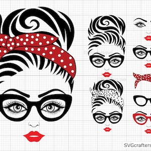 Rommelig broodje Bandana Svg, moeder met bandana en bril Svg, meisje Bandana Svg, meisje met wimpers Svg, rommelig broodje Svg, trendy moeder Svg