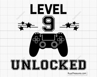 May include: Black and white graphic design with the text "LEVEL 9 UNLOCKED". The graphic features a video game controller and stars.