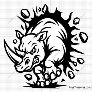 May include: Black and white illustration of an angry rhinoceros breaking through a wall. The rhino has a large horn and is surrounded by jagged pieces. The website address "RuyaTreasures.com" is visible.