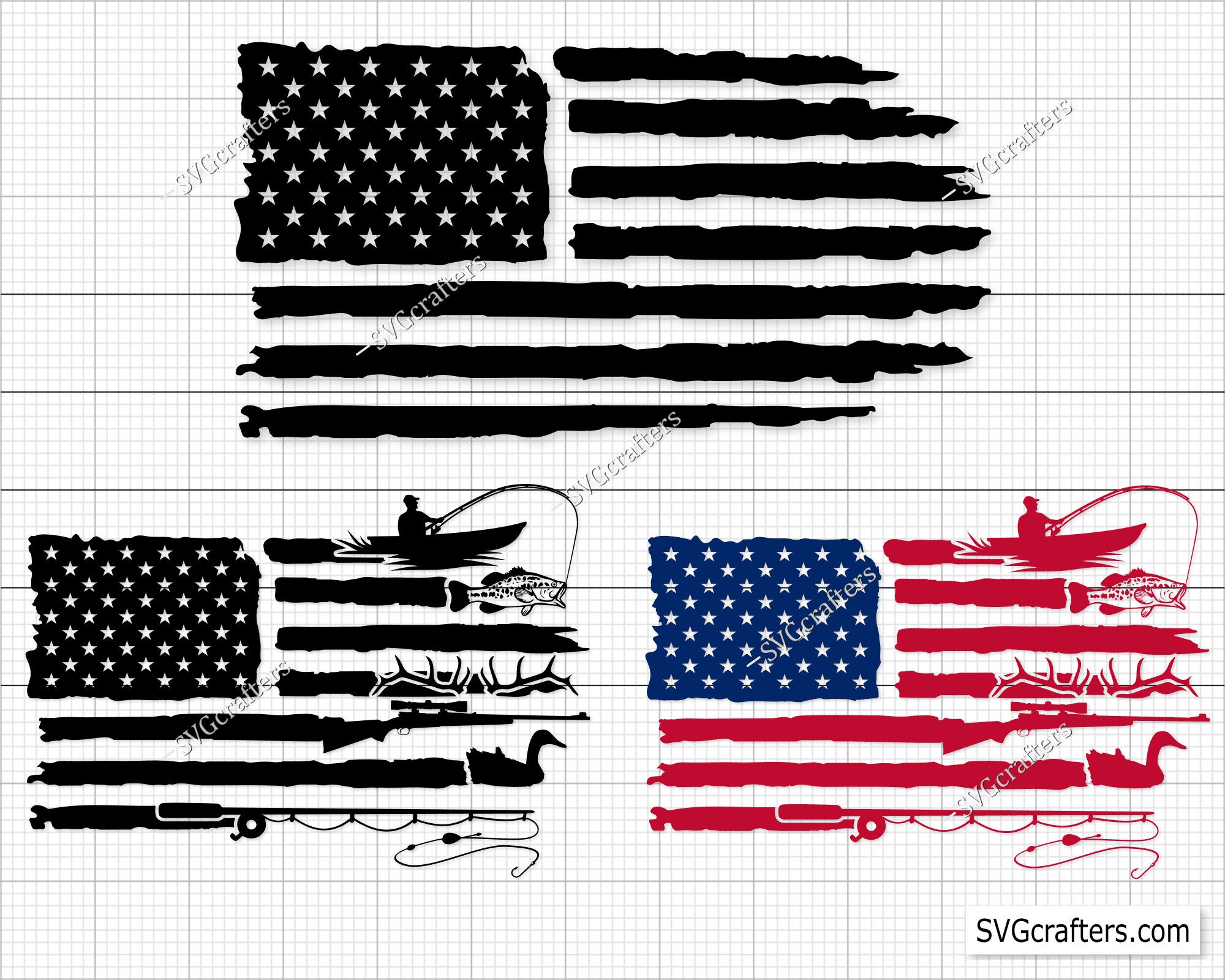 Hunting and Fishing Distressed American Flag Svg, Fishing and Hunting Flag  Svg, Fishing Svg, Deer Hunting Svg Cricut & Silhouette File 