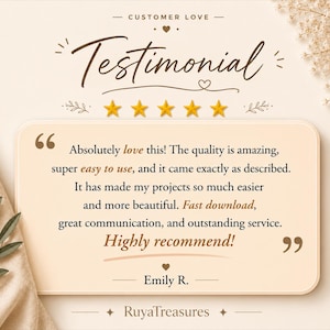 May include: A rectangular customer testimonial graphic featuring the text Testimonial, five gold stars, and a review from Emily R. that reads: Absolutely love this! The quality is amazing, super easy to use, and it came exactly as described.