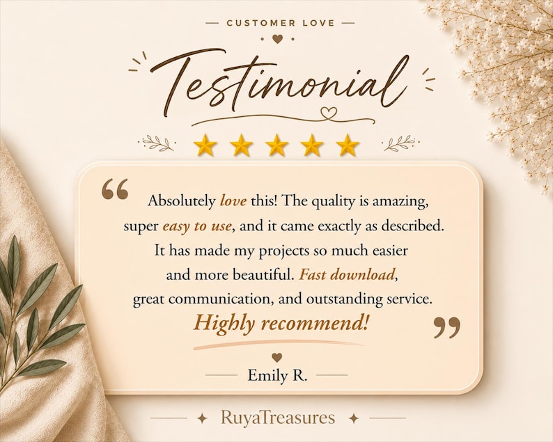 May include: A rectangular customer testimonial graphic featuring the text Testimonial, five gold stars, and a review from Emily R. that reads: Absolutely love this! The quality is amazing, super easy to use, and it came exactly as described.