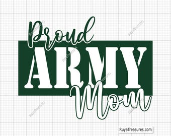 Op de afbeelding: Groen en wit grafisch ontwerp met de tekst "Proud Army Mom".