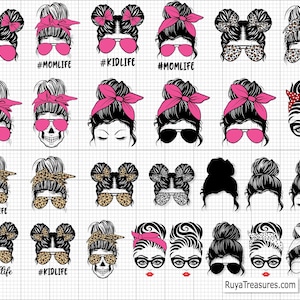 Mamá calavera Svg, Momlife Svg, Moño desordenado Svg, Moño desordenado con gafas Svg, Moño desordenado Mujer afro elegante Svg - Imprimible, Cricut y Silhouette