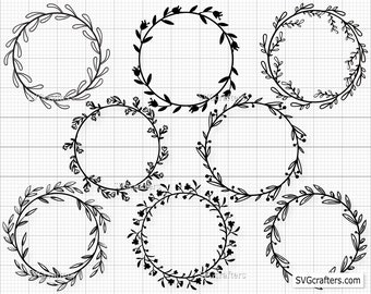 May include: A collection of eight black floral wreath designs. Each wreath is circular, featuring various leaf and flower patterns. The wreaths are displayed on a grid background, suitable for digital crafting or design projects.