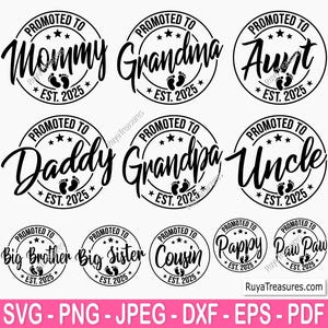 Promovido a Mommy Svg Png, Anúncio de bebê Svg, Estabelecido Svg, Mommy Est 2025 Svg, Em breve Svg - Arquivo para impressão, Cricut e Silhouette