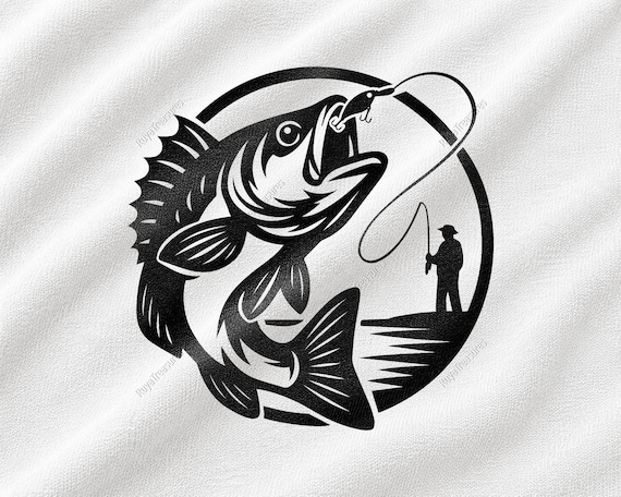 Fisherman Catching Fish SVG, Bass Fishing Silhouette Design, Angler Lake Scene Graphic, Outdoor Sportsman Artwork, Reel Life Decor