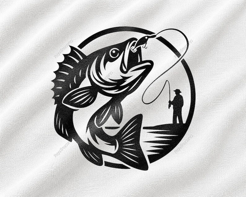 Fisherman Catching Fish SVG, large bass striking a lure with angler silhouette in a lake scene, fishing enthusiast design, outdoor apparel and craft projects
