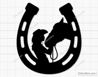 May include: Black silhouette of a horseshoe with a cowgirl and a horse inside. The cowgirl is wearing a cowboy hat and holding the reins of the horse.