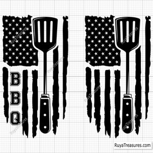 Puede incluir: Diseño gráfico en blanco y negro de una espátula con la palabra "BBQ" y una bandera estadounidense en el fondo.