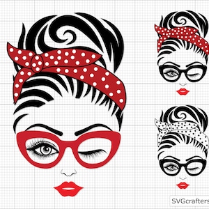 May include: A black and white illustration of a woman with a red and white polka dot headband and red glasses. The woman is winking and has a red lipstick.