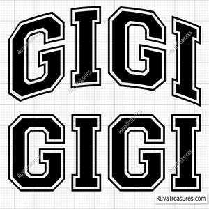 Gigi Varsity Svg Png, Gigi Varsity gebogen Svg, Gigi Varsity Letters Svg, Gigi Varsity lettertype Svg, Gigi est Svg, Gigi Lightning Svg Varsity Svg