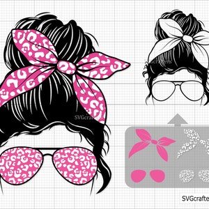 May include: A black and white illustration of a woman with a messy bun, wearing pink leopard print sunglasses and a pink leopard print headband. The headband is tied in a bow. The image includes separate elements of the headband and sunglasses.